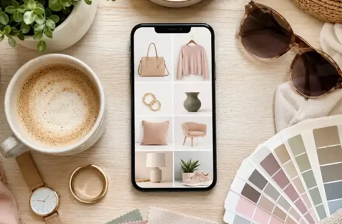 Flat-lay of a smartphone with fashion and home decor items for AI shopping discovery