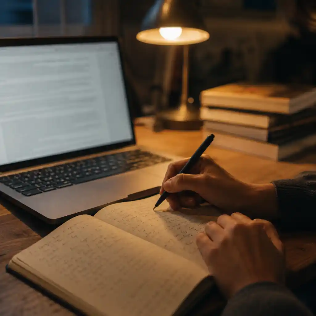 Editing notes beside a laptop while using Claude for writing