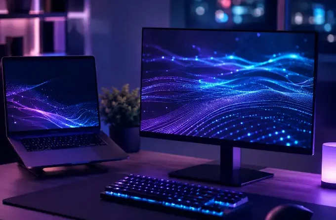 Modern developer workspace at night with glowing code on screens for AI coding